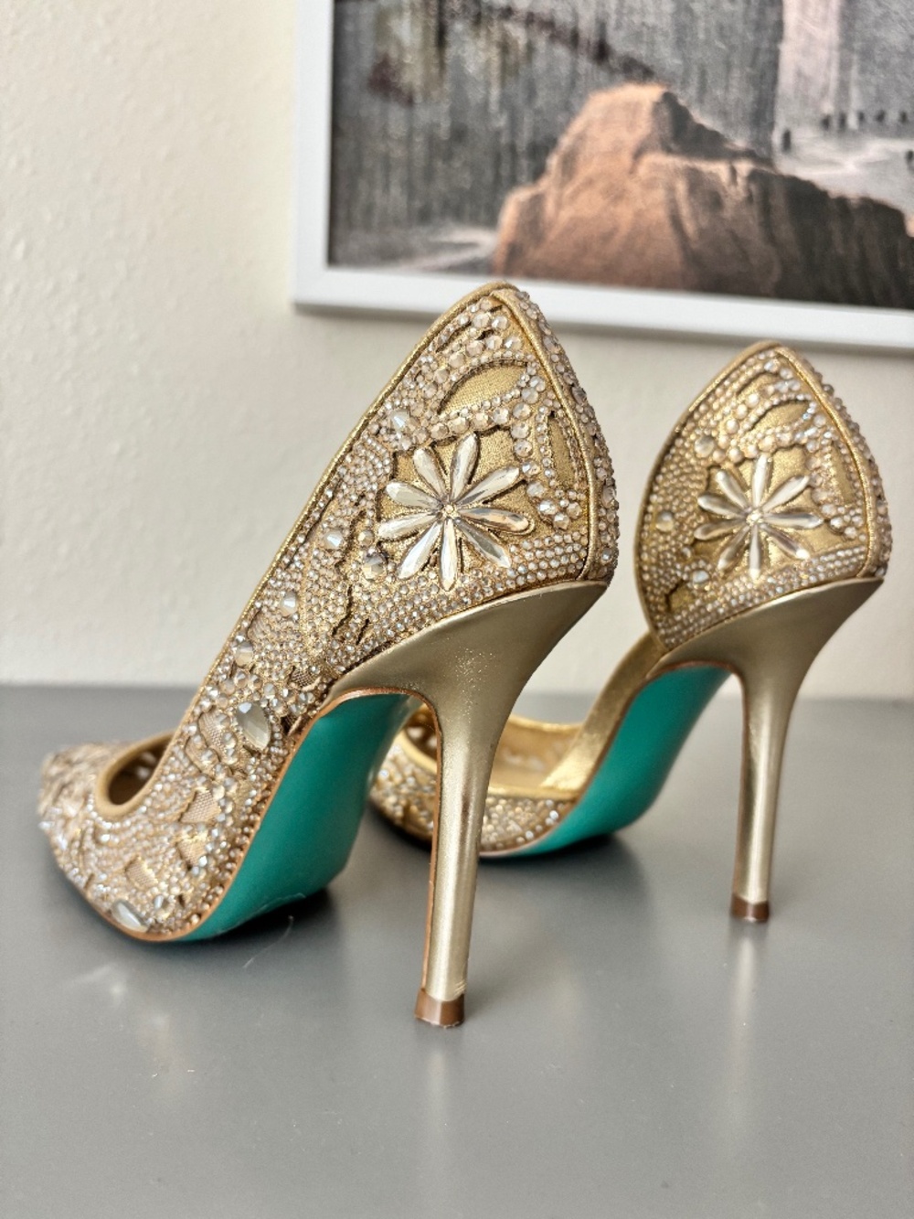 Betsy Johnson gold rhinestone stilettos 5.5